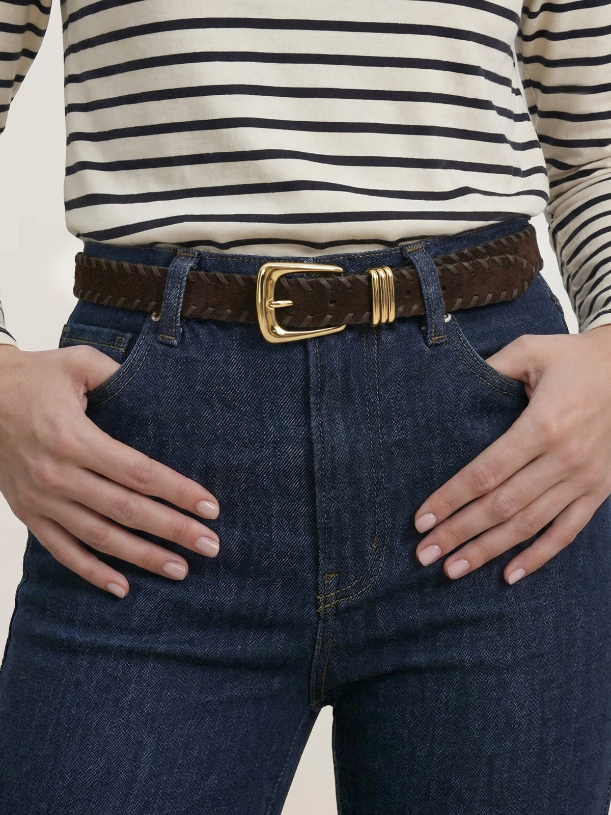 Veronica Beard | Arch Suede Whipstitch Belt in Brown Espresso Espresso