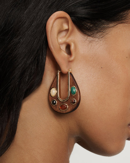 Veronica Beard | Wood Embellished Drop Hoop in Brown Multi Brown Multi