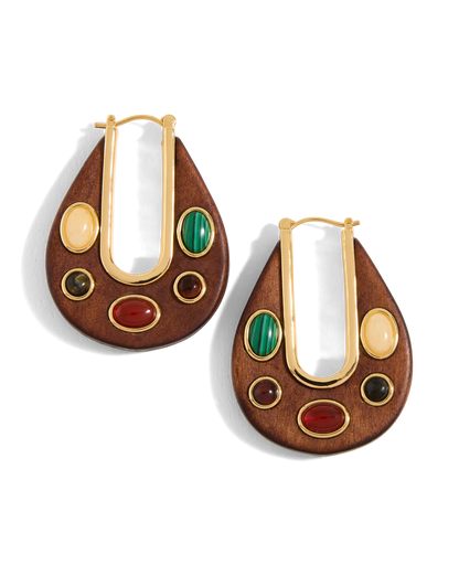 Veronica Beard | Wood Embellished Drop Hoop in Brown Multi Brown Multi