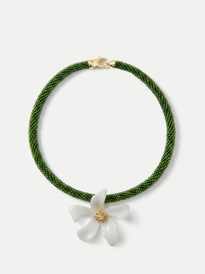 Veronica Beard | Flower Pendant Beaded Necklace in Green/White Green/White
