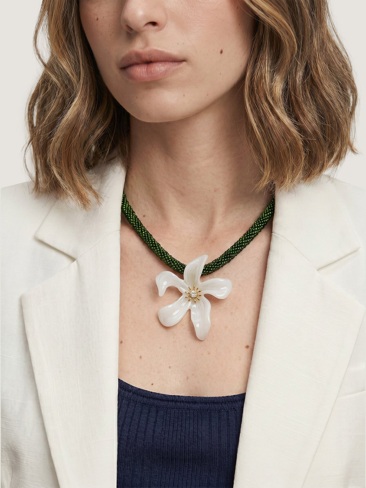 Veronica Beard | Flower Pendant Beaded Necklace in Green/White Green/White