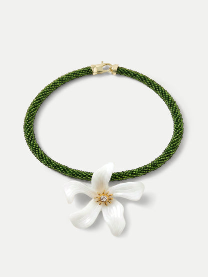 Veronica Beard | Flower Pendant Beaded Necklace in Green/White Green/White