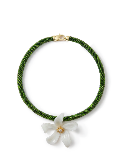 Veronica Beard | Flower Pendant Beaded Necklace in Green/White Green/White