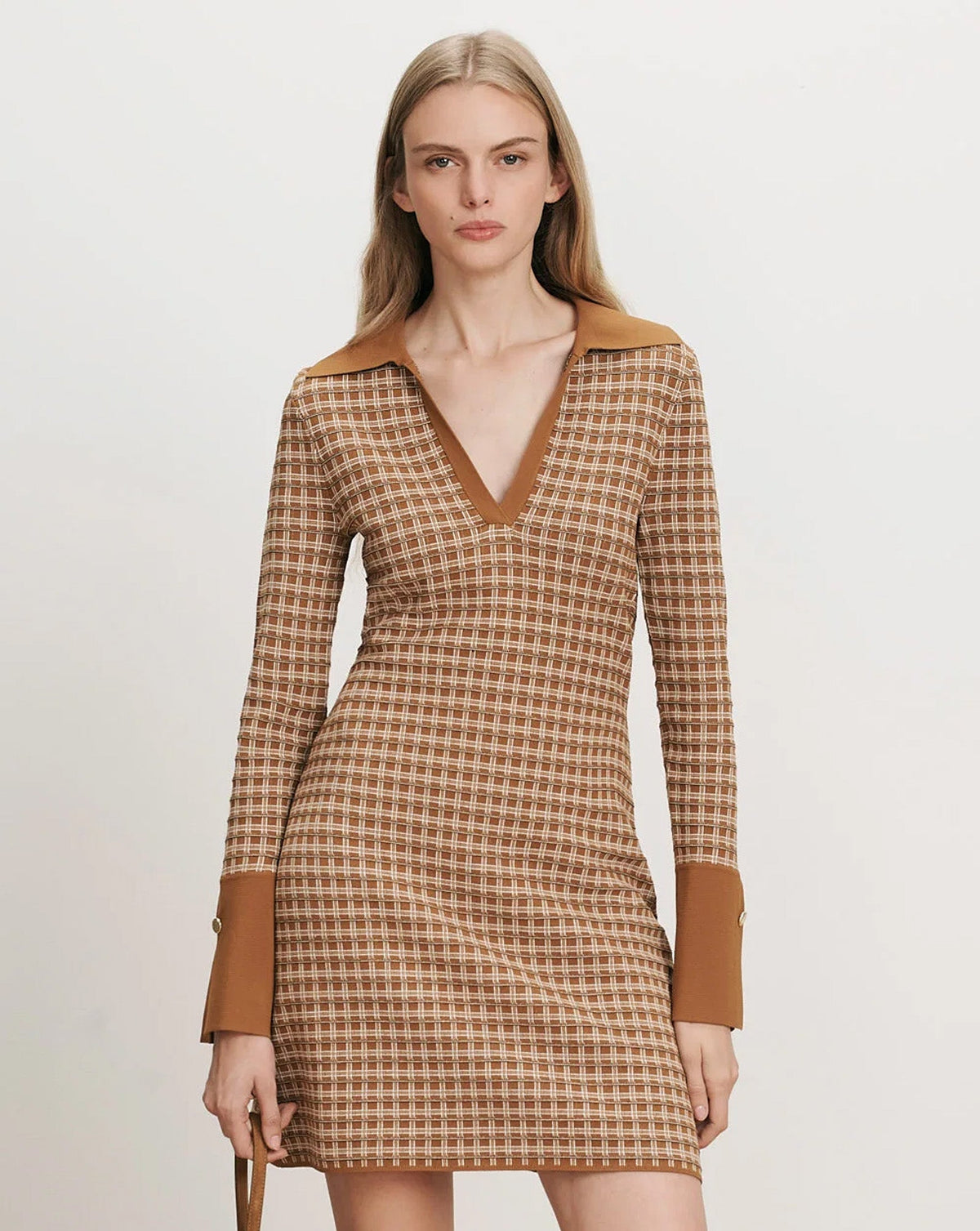 Veronica Beard | Celena Long Sleeve Knit Mini Dress in Tan Plaid Acorn Multi