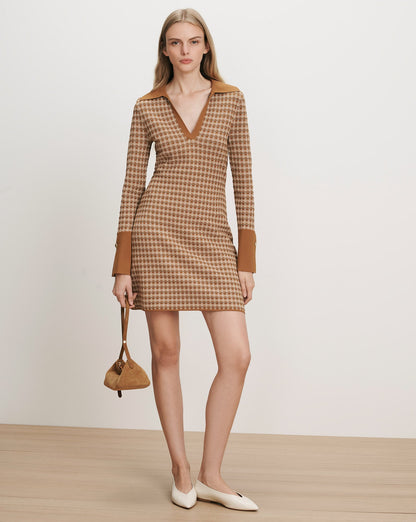 Veronica Beard | Celena Long Sleeve Knit Mini Dress in Tan Plaid Acorn Multi