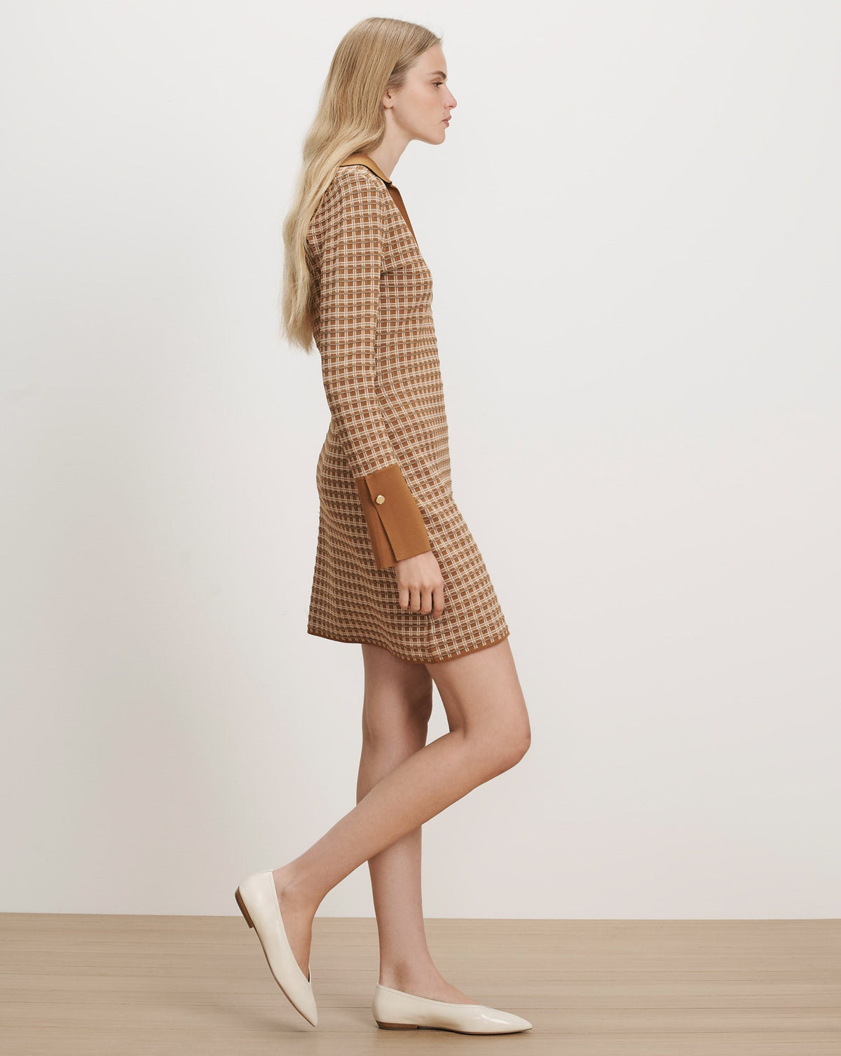 Veronica Beard | Celena Long Sleeve Knit Mini Dress in Tan Plaid Acorn Multi