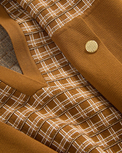 Veronica Beard | Celena Long Sleeve Knit Mini Dress in Tan Plaid Acorn Multi