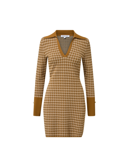 Veronica Beard | Celena Long Sleeve Knit Mini Dress in Tan Plaid Acorn Multi