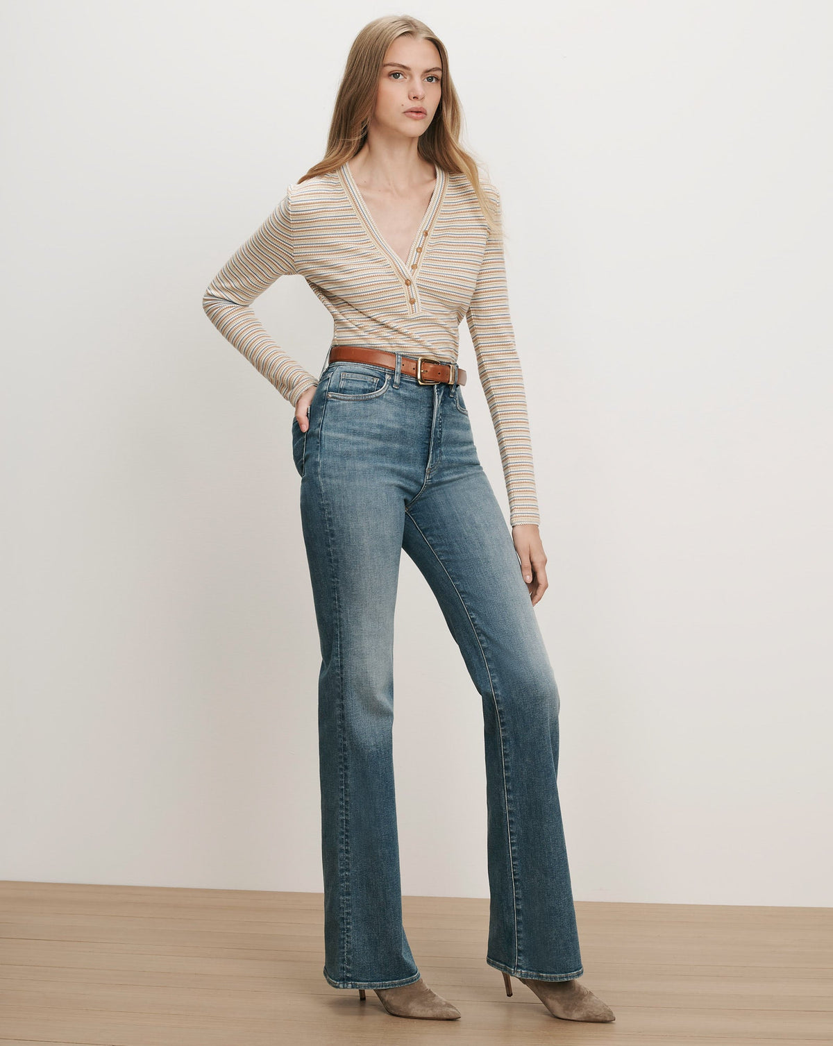 Veronica Beard | Faelan Striped Henley Shirt in Off-White Rust Multi