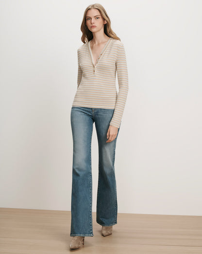 Veronica Beard | Faelan Striped Henley Shirt in Off-White Rust Multi