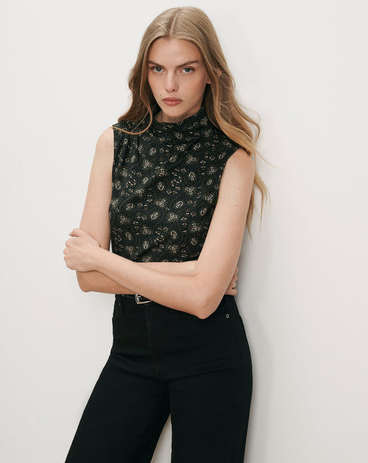 Veronica Beard | Mylie Mock-Neck Tank Top in Black Floral Multi Black Multi