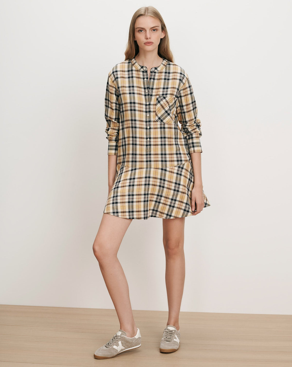 Veronica Beard | Corin Plaid Long Sleeve Mini Dress in Yellow Acorn Multi