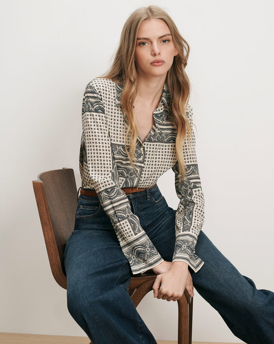 Veronica Beard | Monique Button-Down Blouse in Ecru Scarf Print Multi Ecru Multi