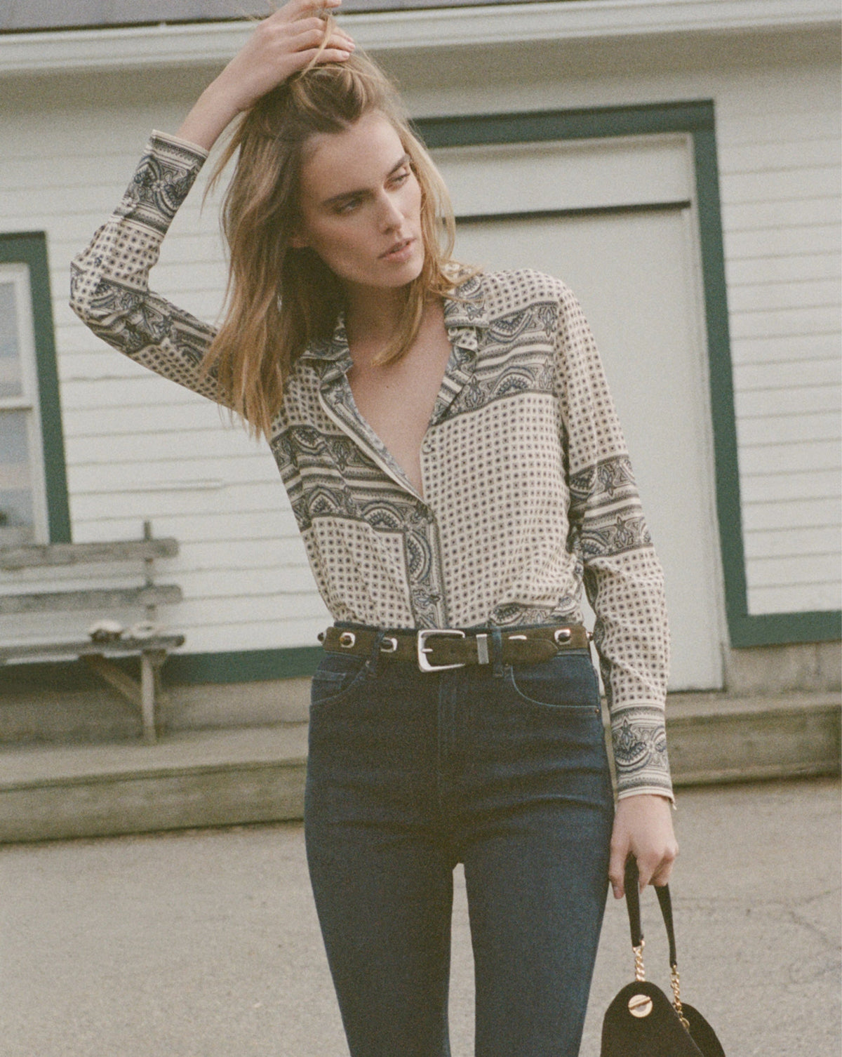 Veronica Beard | Monique Button-Down Blouse in Ecru Scarf Print Multi Ecru Multi