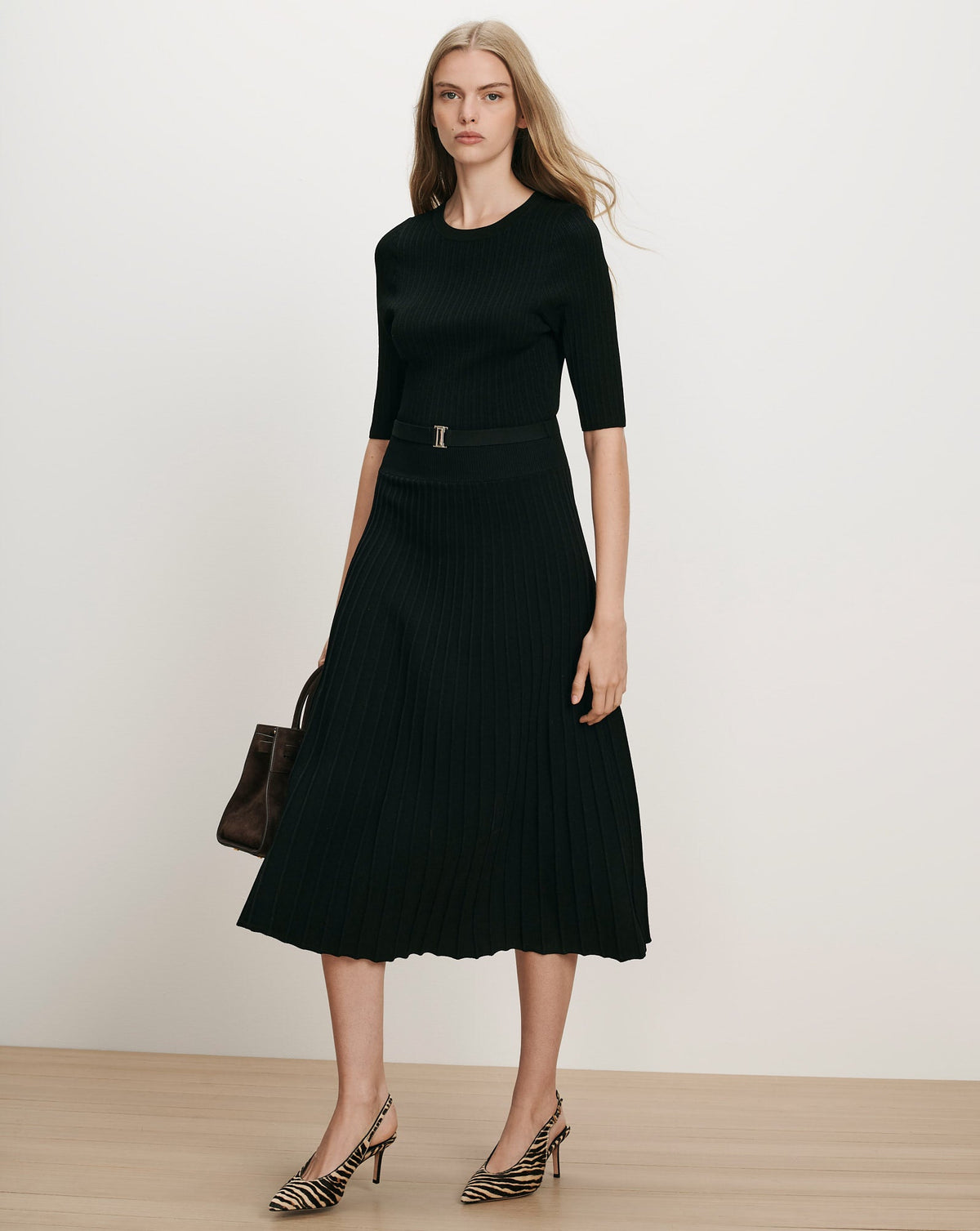 Veronica Beard | Elthea A-Line Belted Midi Dress in Black Black