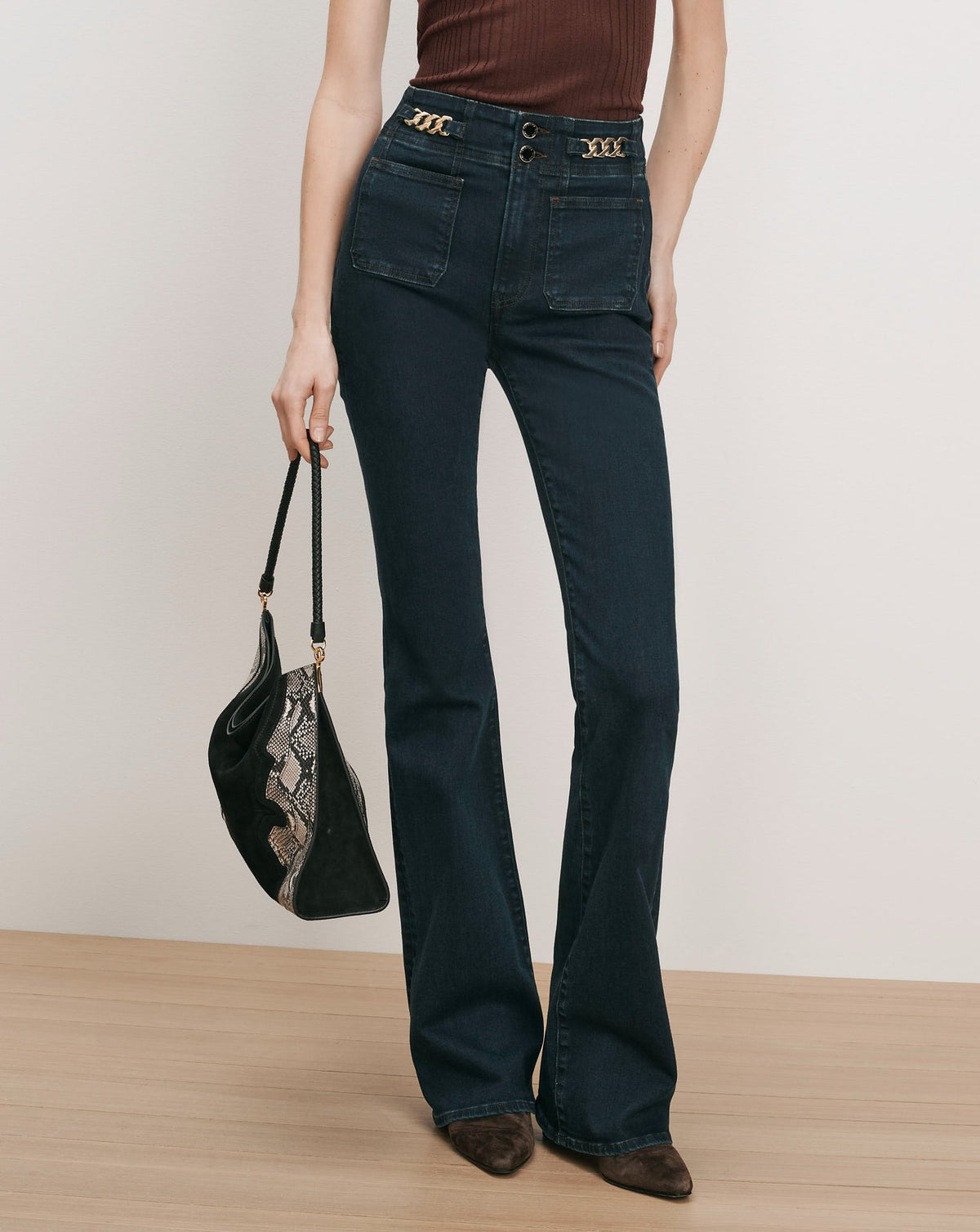 Veronica Beard | Beverly Skinny-Flare Chain-Detail Jean in Dark Blue Midnight Dark Midnight