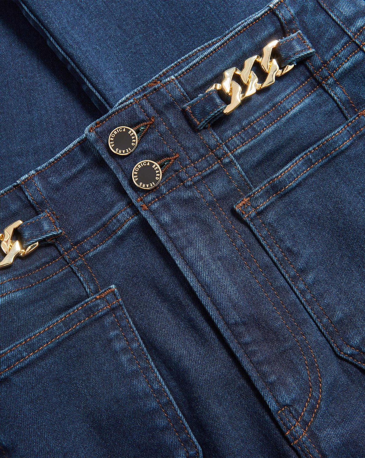 Veronica Beard | Beverly Skinny-Flare Chain-Detail Jean in Dark Blue Midnight Dark Midnight
