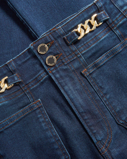 Veronica Beard | Beverly Skinny-Flare Chain-Detail Jean in Dark Blue Midnight Dark Midnight