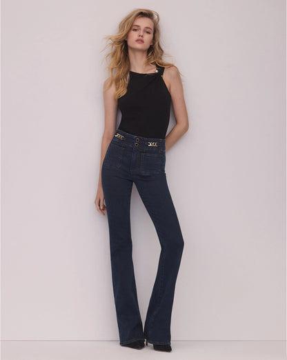 Veronica Beard | Beverly Skinny-Flare Chain-Detail Jean in Dark Blue Midnight Dark Midnight