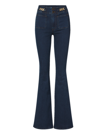 Veronica Beard | Beverly Skinny-Flare Chain-Detail Jean in Dark Blue Midnight Dark Midnight