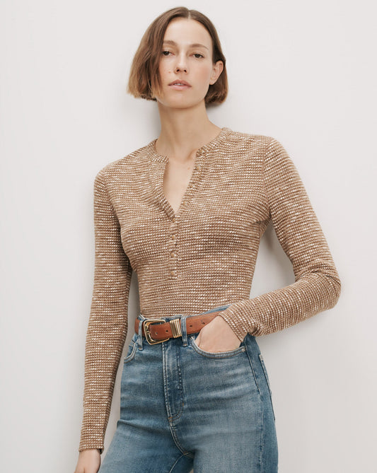 Veronica Beard | Drexler Henley Top in Tan Melange Acorn Melange