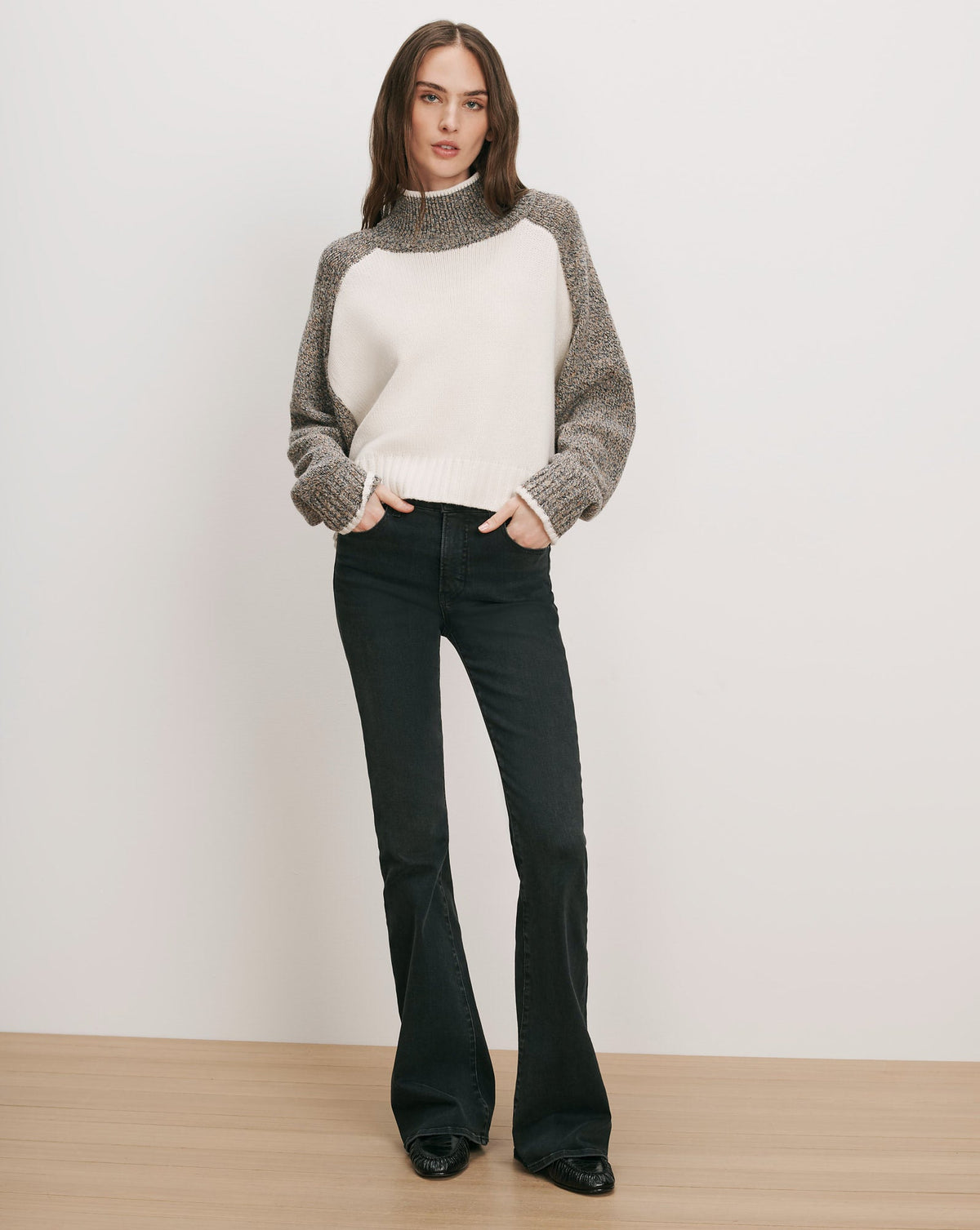 Veronica Beard | Malachi Mock-Neck Sweater in White & Grey Raglan Oatmeal Melange Multi Oatmeal Melange Multi