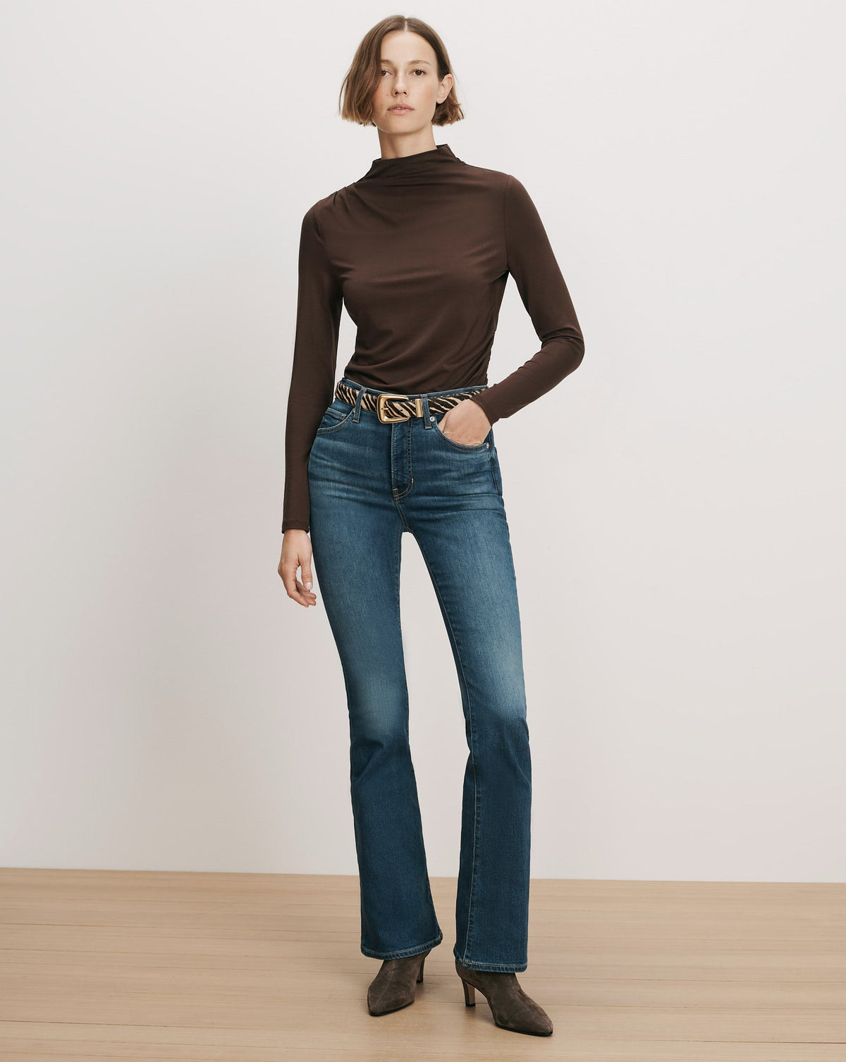 Veronica Beard | Mylie Mock-Neck Top in Dark Brown Espresso