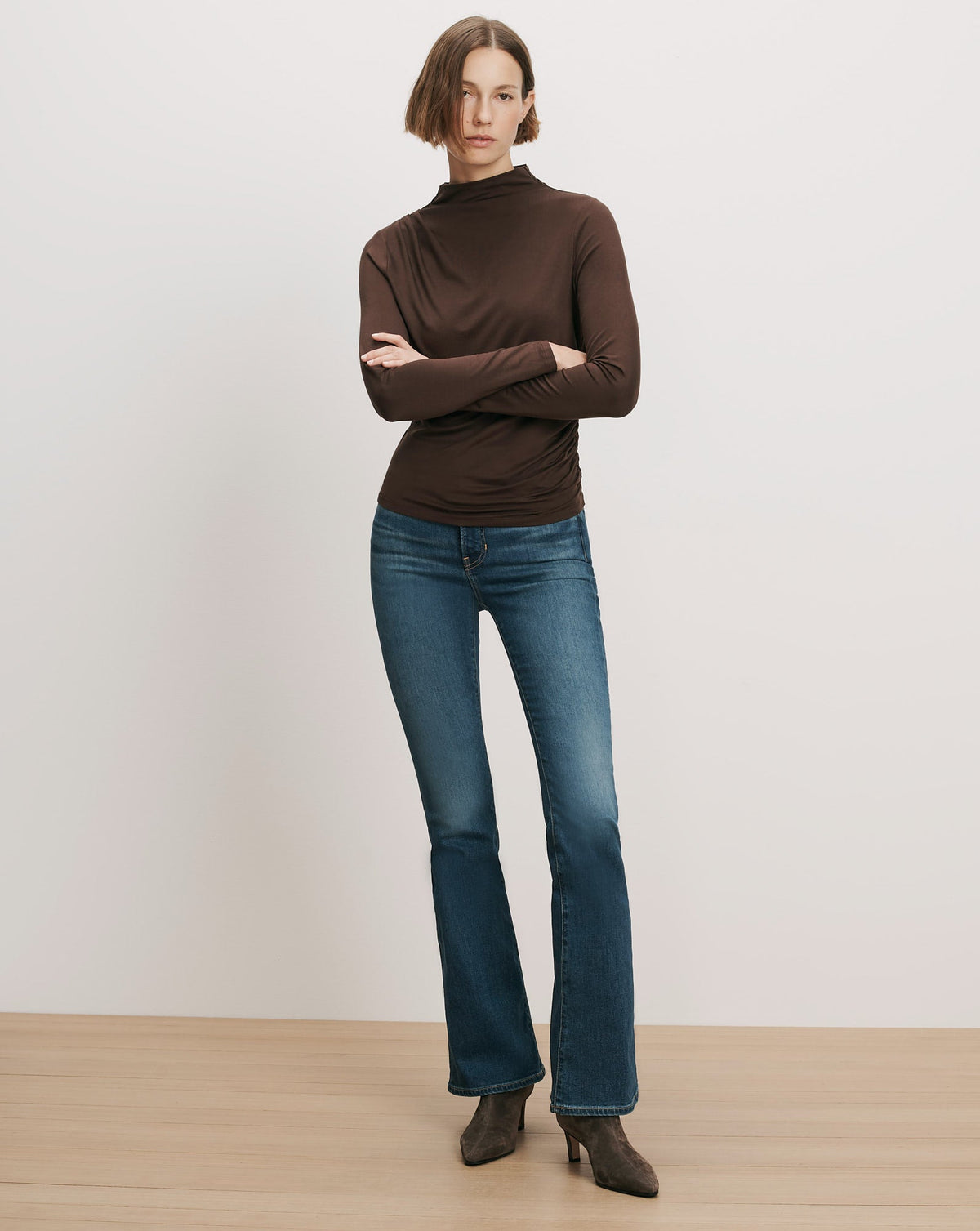 Veronica Beard | Mylie Mock-Neck Top in Dark Brown Espresso