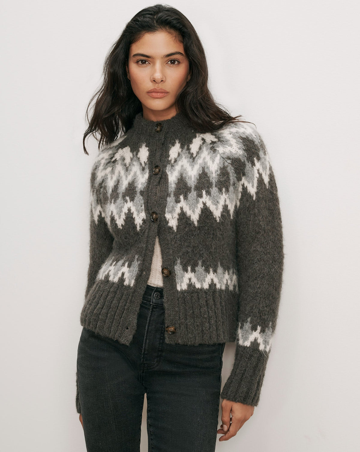 Veronica Beard | Christina Fair Isle Cardigan in Green Alpaca Blend Shadow Multi Green Shadow Multi