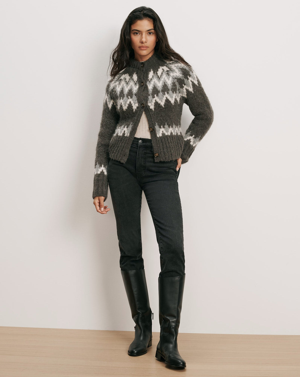 Veronica Beard | Christina Fair Isle Cardigan in Green Alpaca Blend Shadow Multi Green Shadow Multi