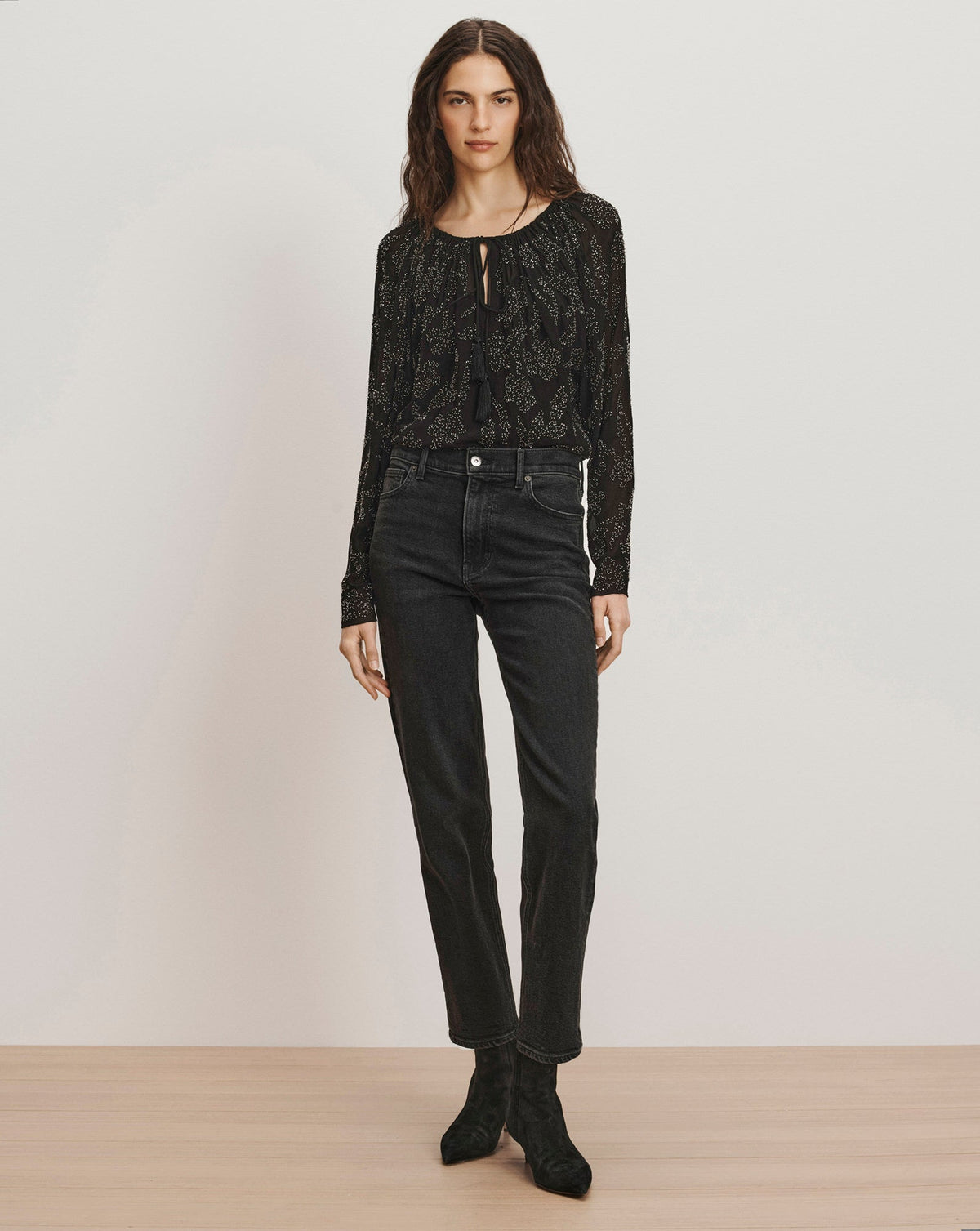 Veronica Beard | Marlena Beaded Long-Sleeve Blouse in Black Black