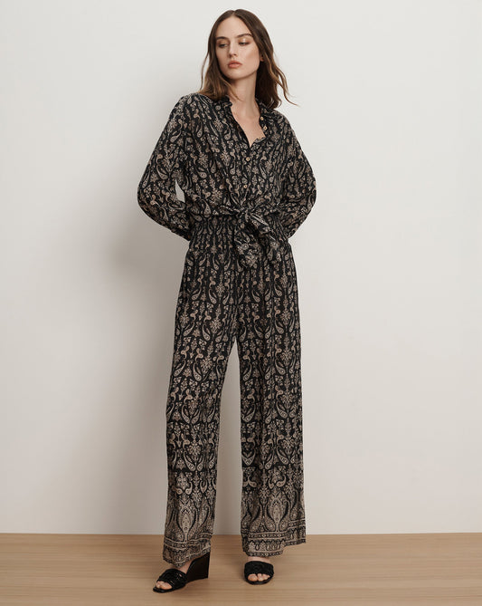 Veronica Beard | Callaway Smocked Wide-Leg Pant in Black Paisley Multi Black Multi
