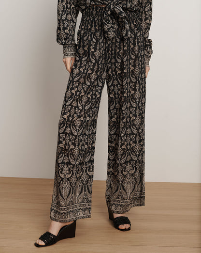Veronica Beard | Callaway Smocked Wide-Leg Pant in Black Paisley Multi Black Multi