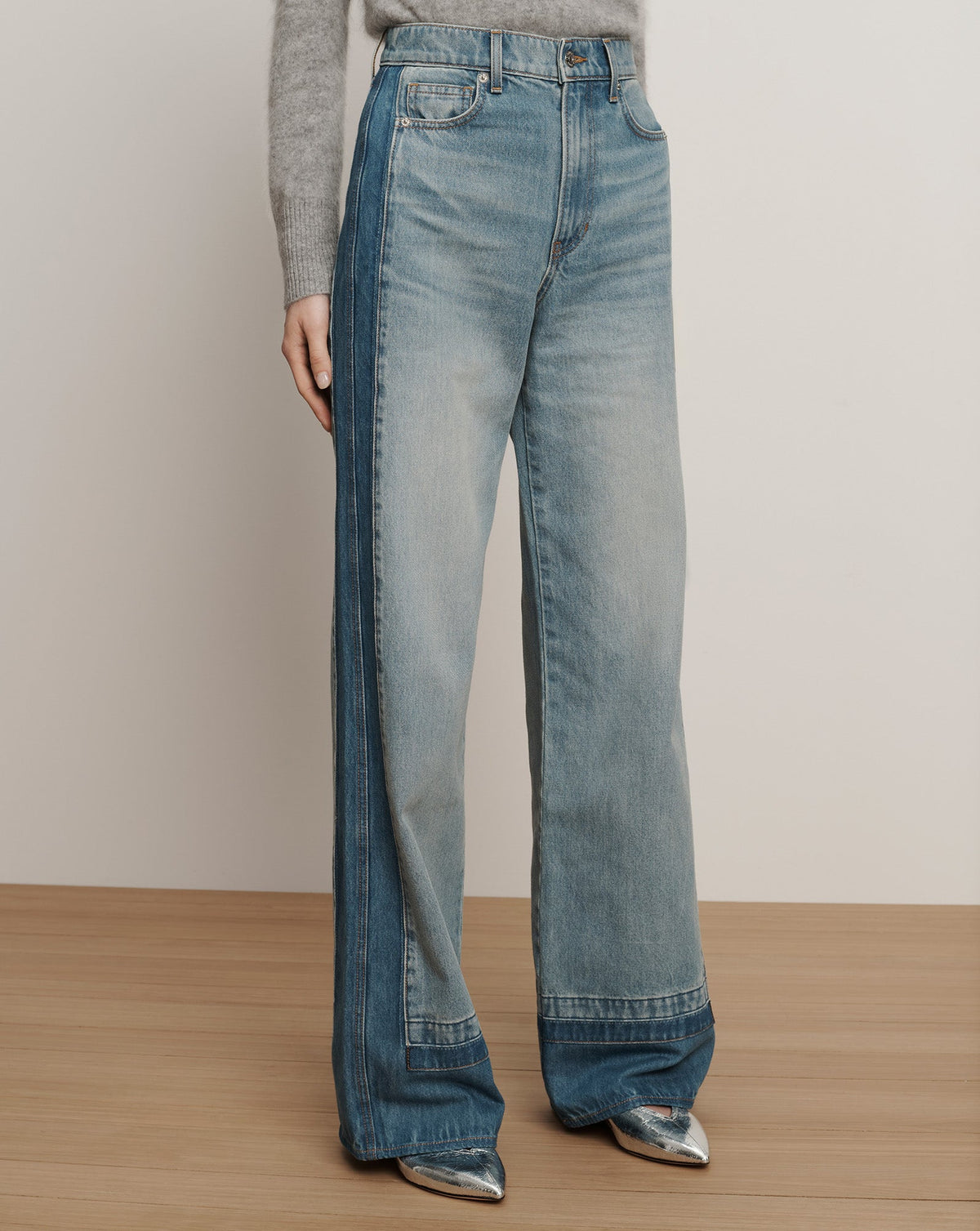 Veronica Beard | Taylor Color-Block Wide-Leg Jean in Medium Wash Denim Cloudy Colorblock Cloudy Colorblock