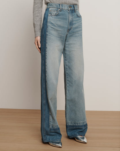 Veronica Beard | Taylor Color-Block Wide-Leg Jean in Medium Wash Denim Cloudy Colorblock Cloudy Colorblock