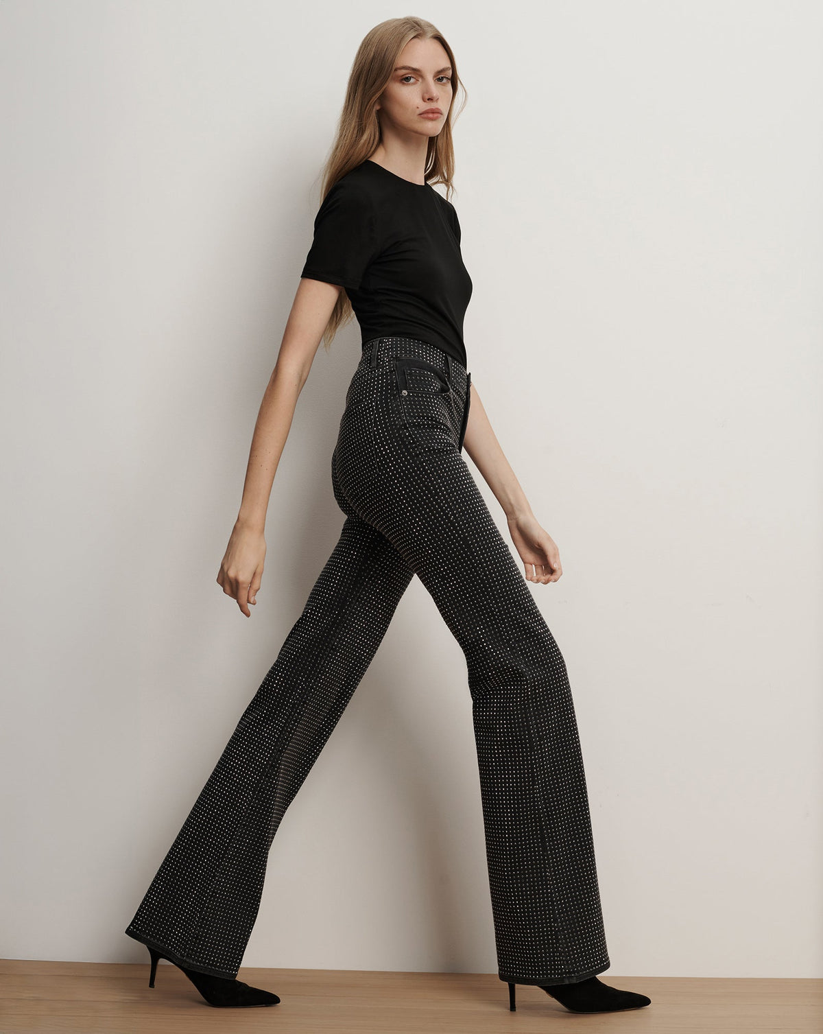 Veronica Beard | Crosbie Rhinestone Slim Wide-Leg Jean in Black Washed Onyx Washed Onyx