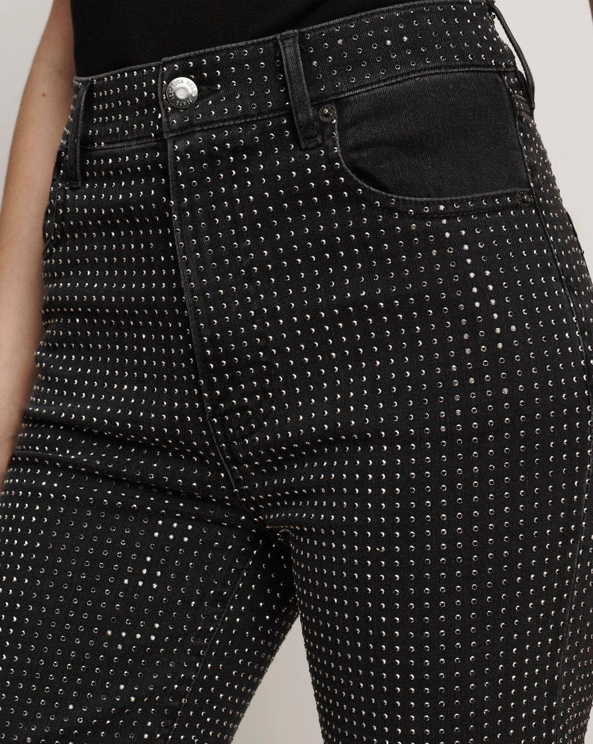 Veronica Beard | Crosbie Rhinestone Slim Wide-Leg Jean in Black Washed Onyx Washed Onyx