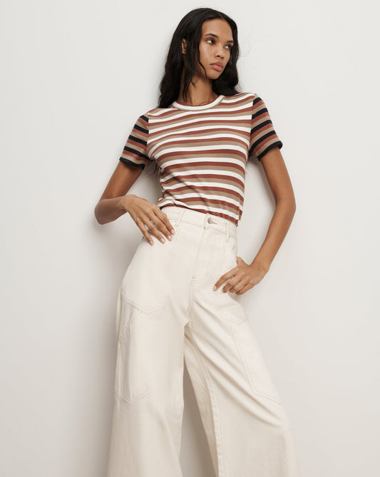 Veronica Beard | Pruitt Striped Ribbed T-Shirt in Beige & Red Malt/Red Oak/Dove White Malt/Red Oak/Dove White