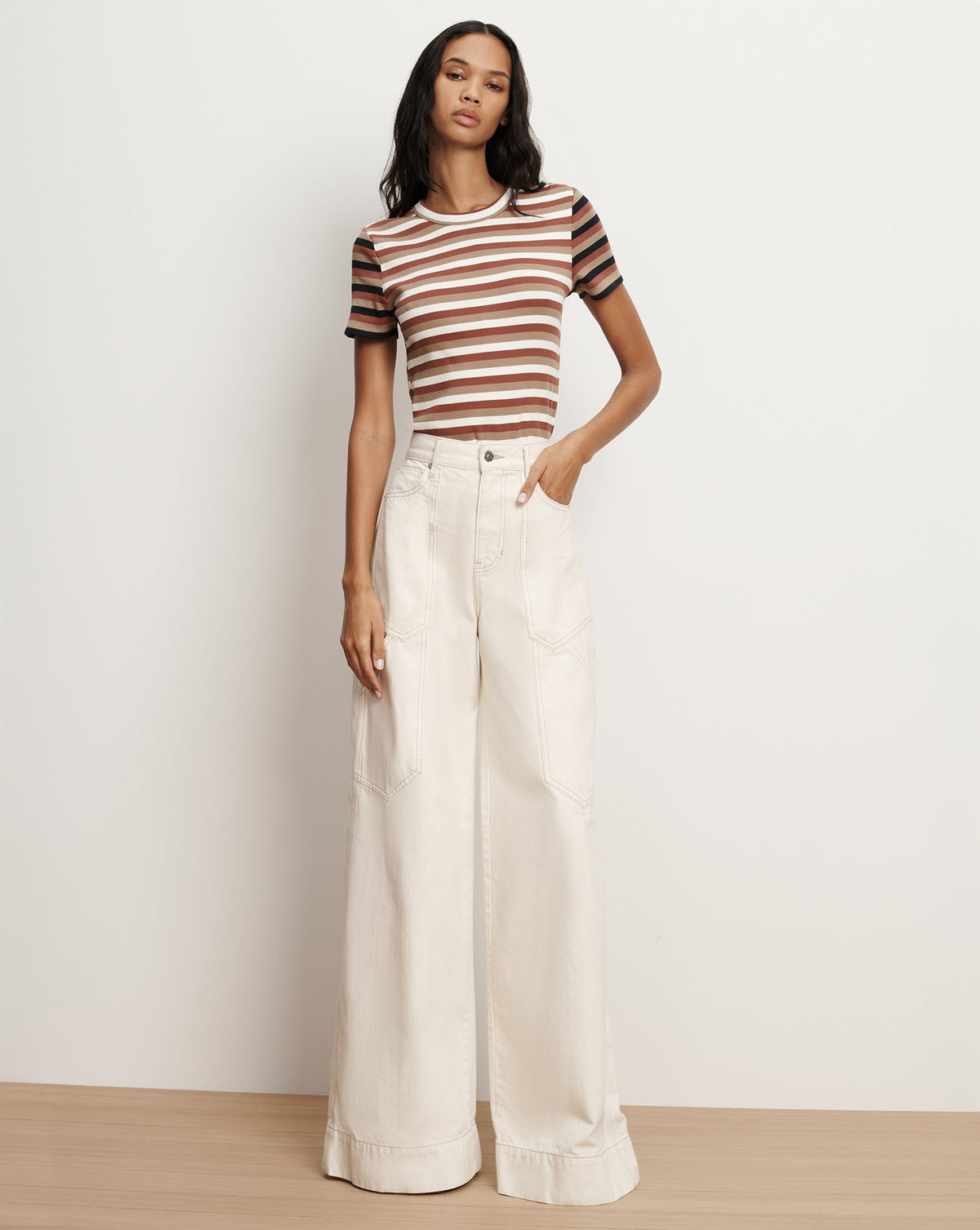 Veronica Beard | Pruitt Striped Ribbed T-Shirt in Beige & Red Malt/Red Oak/Dove White Malt/Red Oak/Dove White