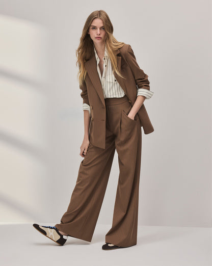 Veronica Beard | Rimini Wide-Leg Pant in Brown Pinstripe Malt Multi Malt Multi