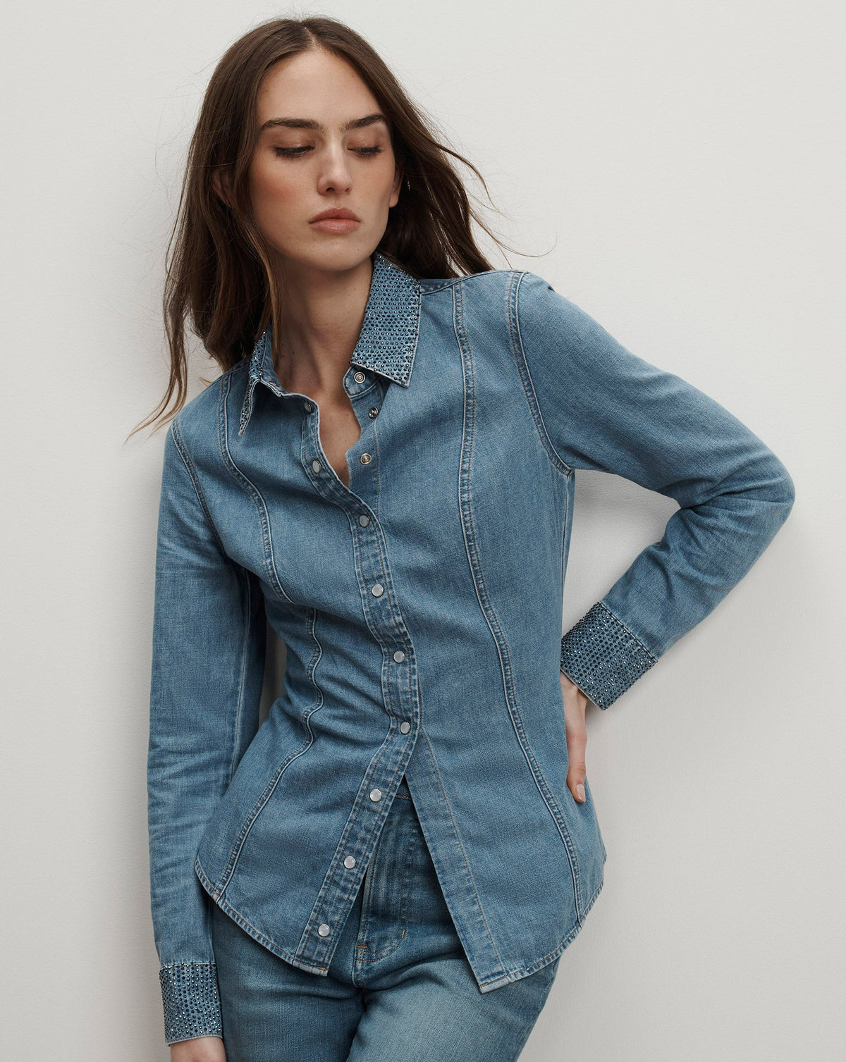 Veronica Beard | Eddie Embellished Chambray Shirt in Light Blue Riviera Breeze Riviera Breeze