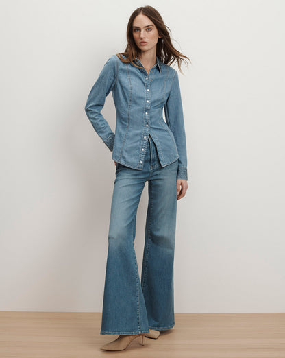 Veronica Beard | Eddie Embellished Chambray Shirt in Light Blue Riviera Breeze Riviera Breeze
