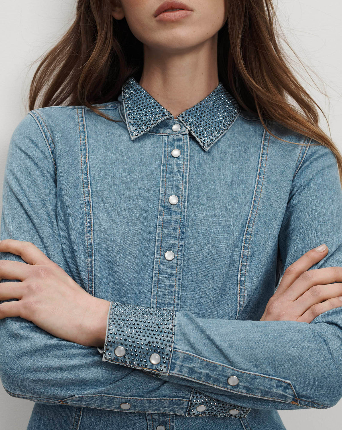 Veronica Beard | Eddie Embellished Chambray Shirt in Light Blue Riviera Breeze Riviera Breeze