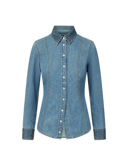 Veronica Beard | Eddie Embellished Chambray Shirt in Light Blue Riviera Breeze Riviera Breeze