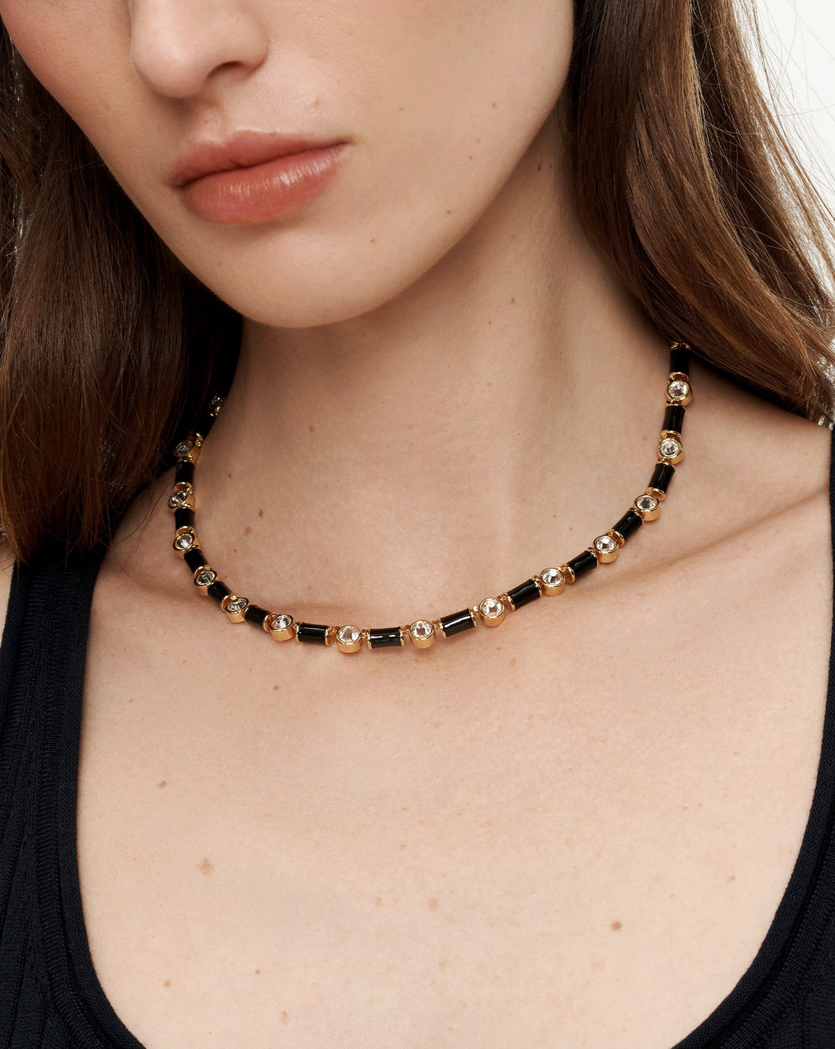 Veronica Beard | Black Enamel and Crystal Barrel Necklace in Black Black