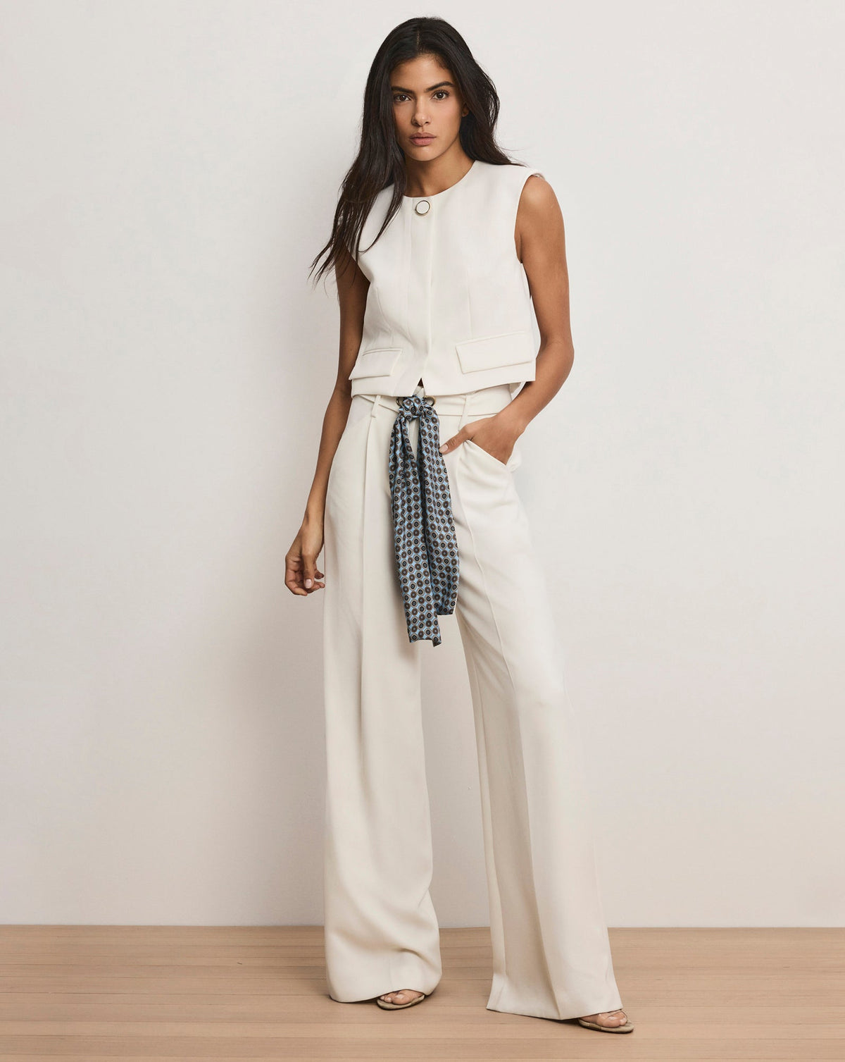 Veronica Beard | Tai Belted Wide-Leg Pant in Off-White Dove White Dove White