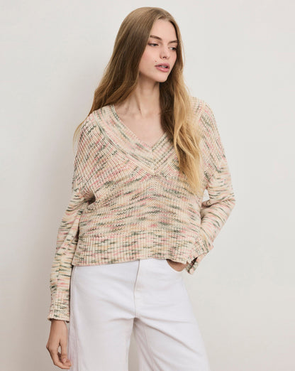 Veronica Beard | Anola V-Neck Knit Sweater in Off-White Petal Multi
