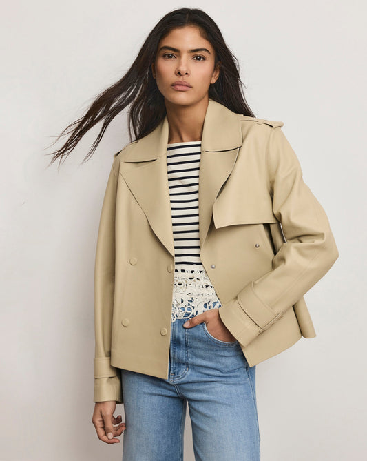 Veronica Beard | Heathcliff Cropped Leather Trench Coat in Stone Khaki Stone Khaki