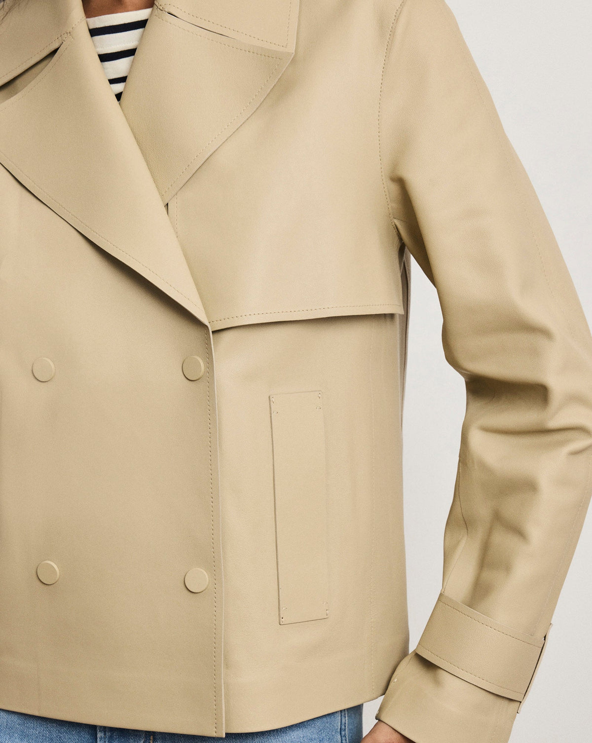 Veronica Beard | Heathcliff Cropped Leather Trench Coat in Stone Khaki Stone Khaki