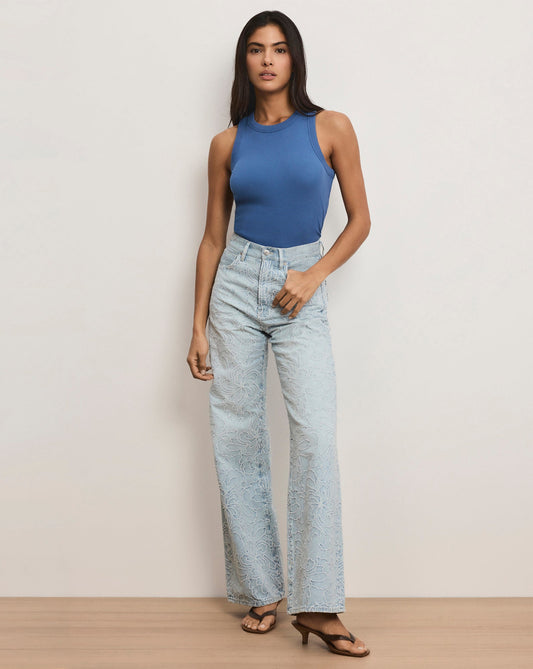 Veronica Beard | Taylor Embroidered Wide-Leg Jean in Sun Spark Light Wash Sun Spark